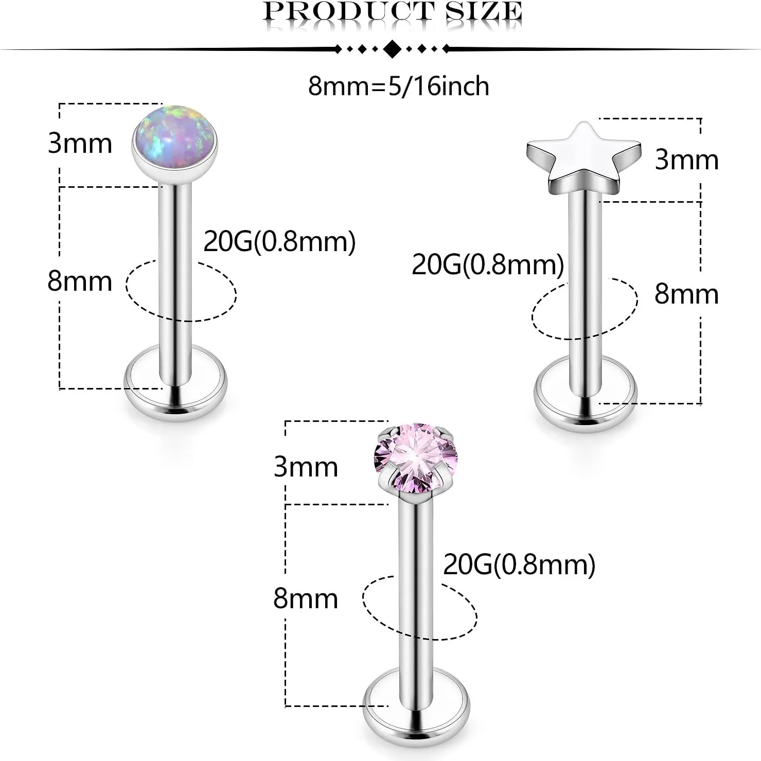 Threadless Noses Rings, Flat Back Earrings, 20G-Gauge 5/16in-Post 3mm-Top, 9Pairs Hypoallergenic Surgical Steel Cartilage Helix Tragus Conch Piercing Jewelry for Women Men.