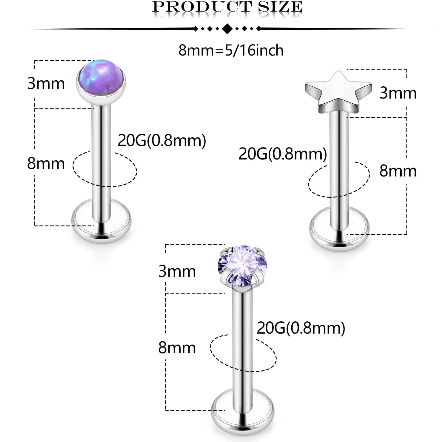 Threadless Noses Rings, Flat Back Earrings, 20G-Gauge 5/16in-Post 3mm-Top, 9Pairs Hypoallergenic Surgical Steel Cartilage Helix Tragus Conch Piercing Jewelry for Women Men.
