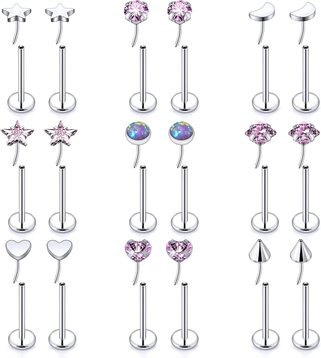 Threadless Noses Rings, Flat Back Earrings, 20G-Gauge 5/16in-Post 3mm-Top, 9Pairs Hypoallergenic Surgical Steel Cartilage Helix Tragus Conch Piercing Jewelry for Women Men.