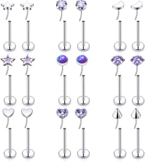 Threadless Noses Rings, Flat Back Earrings, 20G-Gauge 5/16in-Post 3mm-Top, 9Pairs Hypoallergenic Surgical Steel Cartilage Helix Tragus Conch Piercing Jewelry for Women Men.