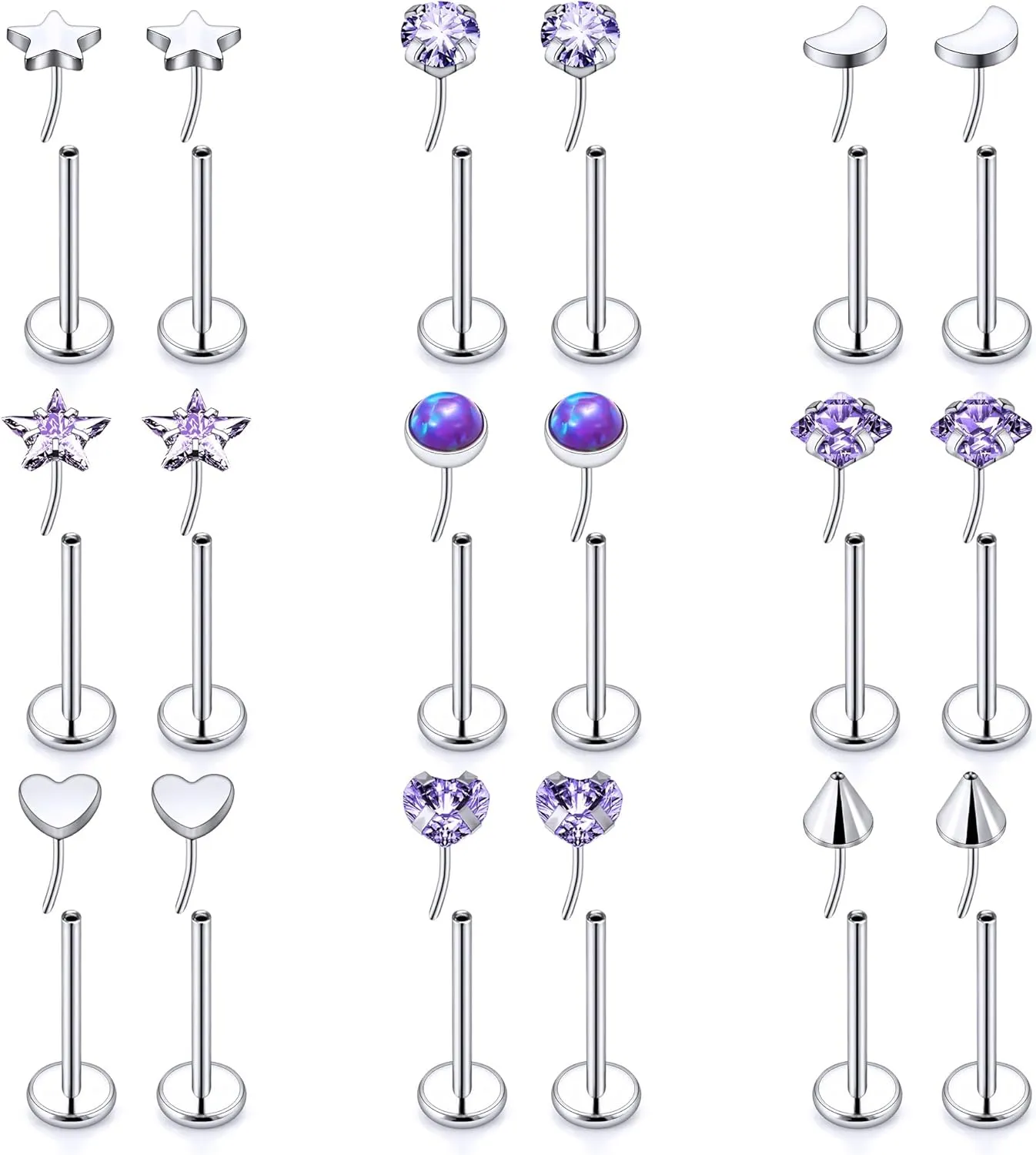 Threadless Noses Rings, Flat Back Earrings, 20G-Gauge 5/16in-Post 3mm-Top, 9Pairs Hypoallergenic Surgical Steel Cartilage Helix Tragus Conch Piercing Jewelry for Women Men.