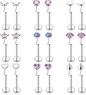 Threadless Noses Rings, Flat Back Earrings, 20G-Gauge 5/16in-Post 3mm-Top, 9Pairs Hypoallergenic Surgical Steel Cartilage Helix Tragus Conch Piercing Jewelry for Women Men.