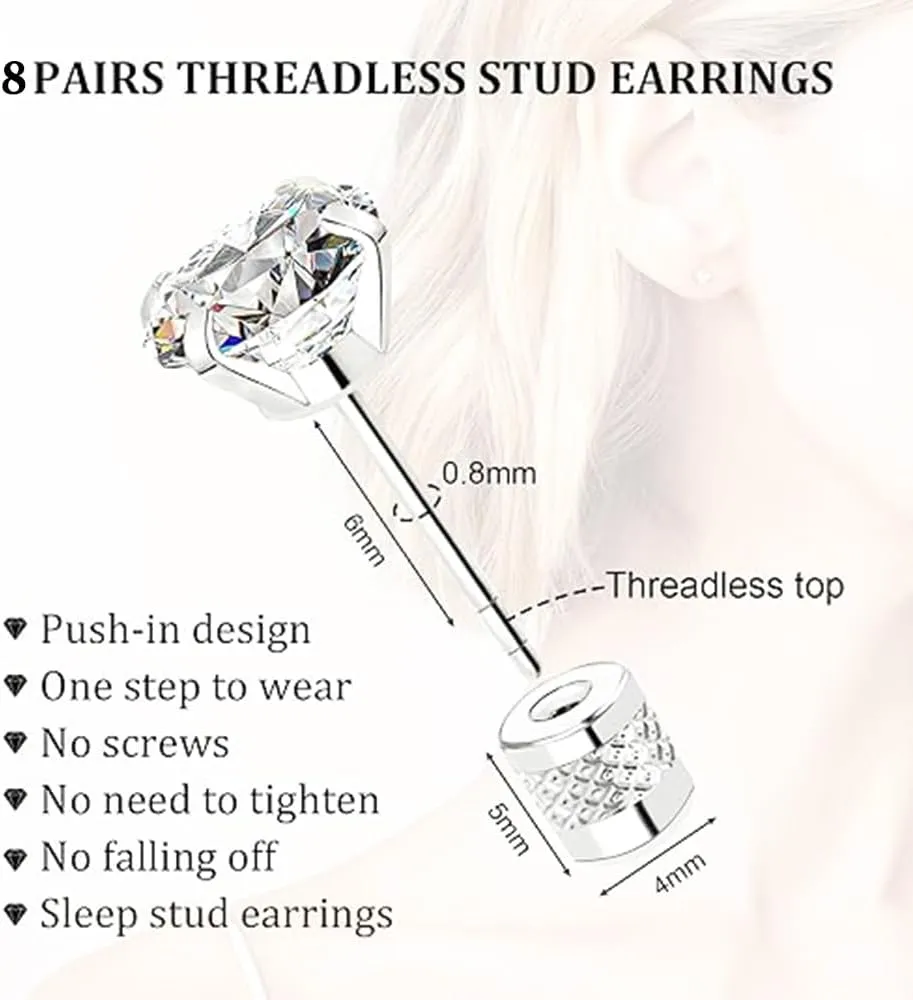 Threadless Push in Stud Earrings for Women Men Flat Back Hypoallergenic Surgical Steel Cartilage Helix Tragus Earlobe Piercings