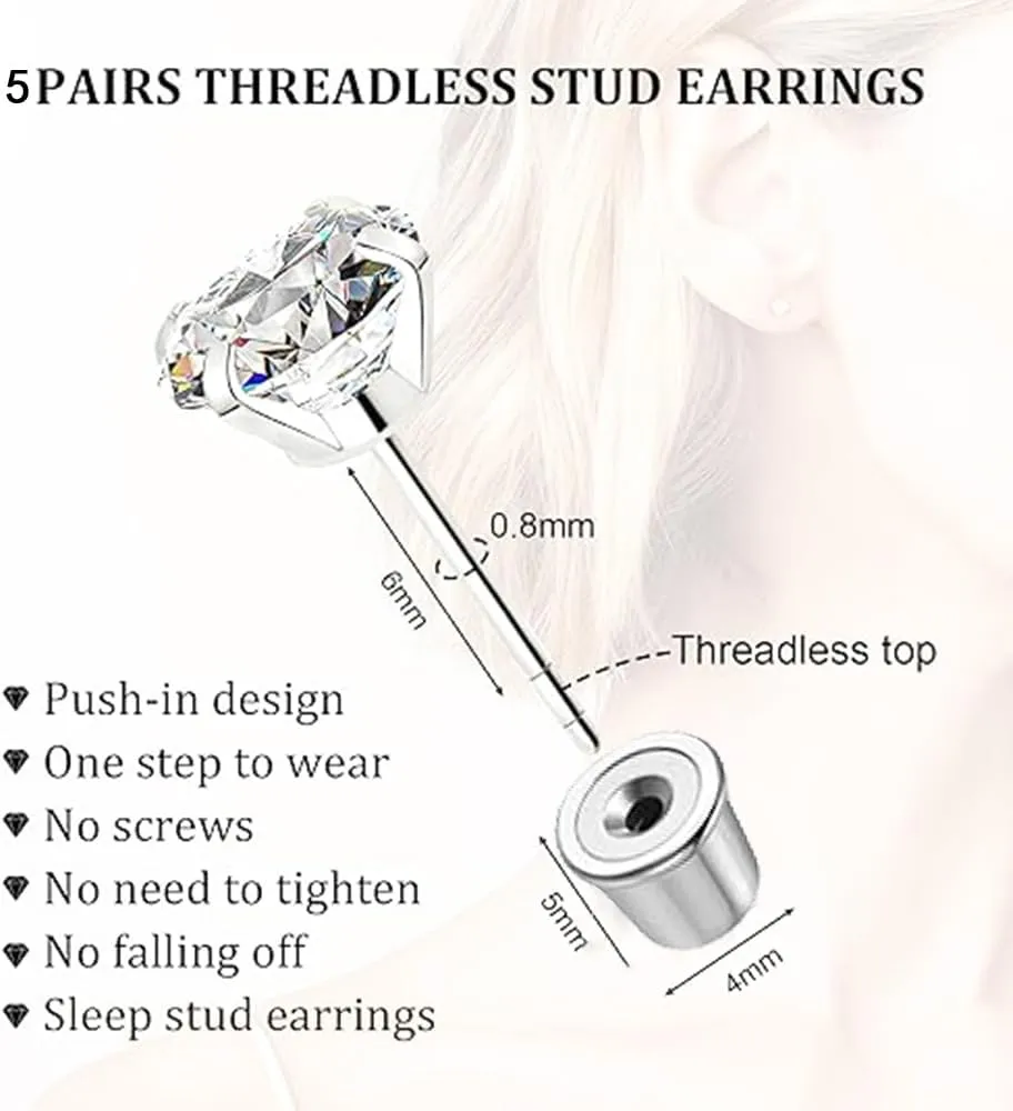 Threadless Push in Stud Earrings for Women Men Flat Back Hypoallergenic Surgical Steel Cartilage Helix Tragus Earlobe Piercings
