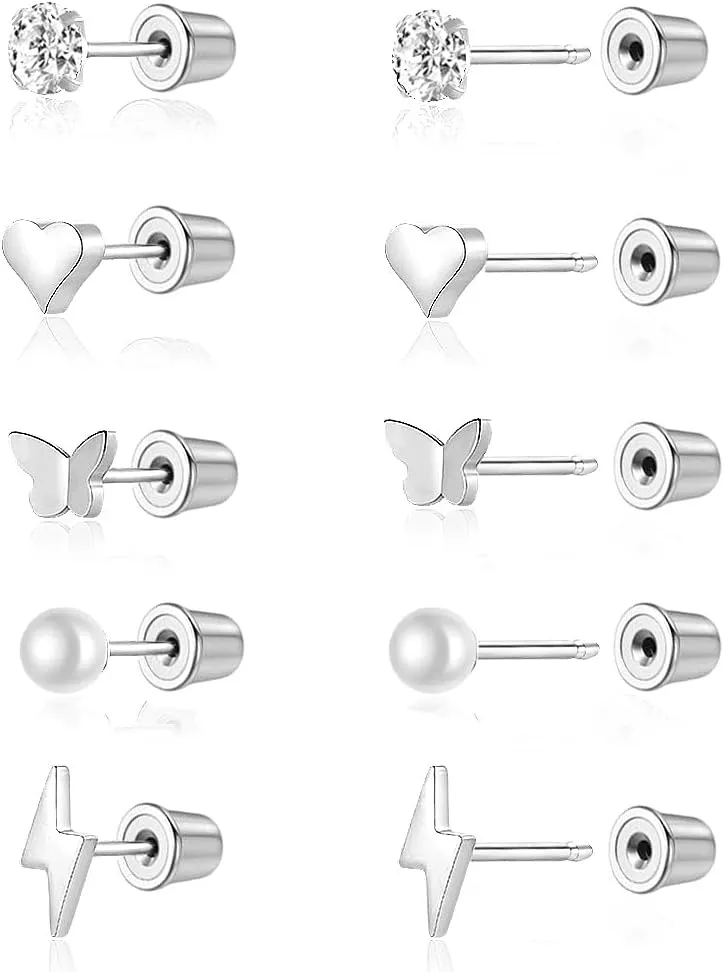 Threadless Push in Stud Earrings for Women Men Flat Back Hypoallergenic Surgical Steel Cartilage Helix Tragus Earlobe Piercings