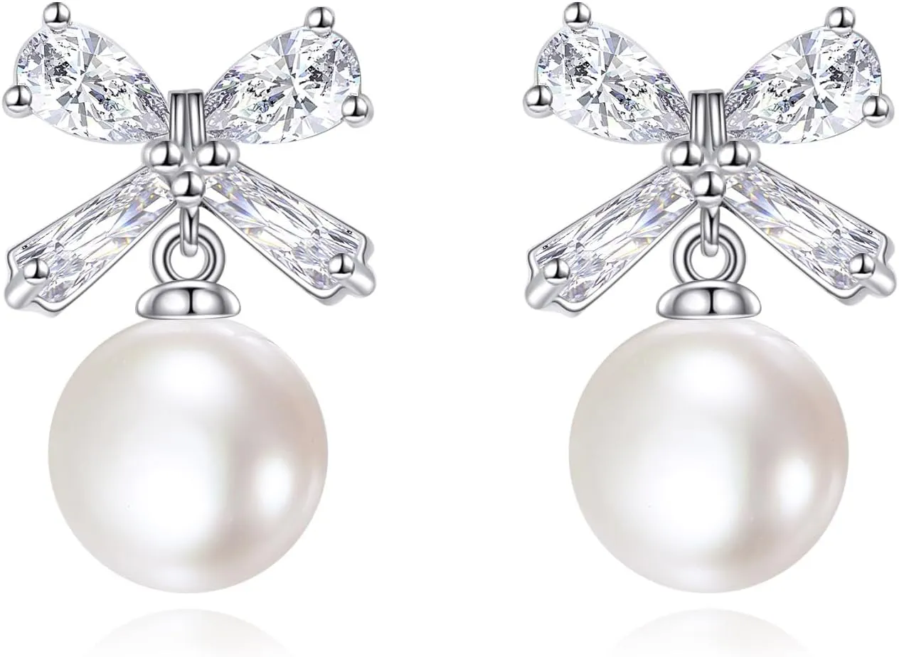 TIGER RIDER Bow Pearl Earrings 925 Sterling Silver Cubic Zirconia Bow Earrings Sparkling Elegant Bow Jewelry Gifts for Bride Wedding Parties Holiday Jewelry Gifts for Women