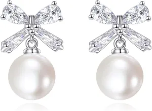 TIGER RIDER Bow Pearl Earrings 925 Sterling Silver Cubic Zirconia Bow Earrings Sparkling Elegant Bow Jewelry Gifts for Bride Wedding Parties Holiday Jewelry Gifts for Women