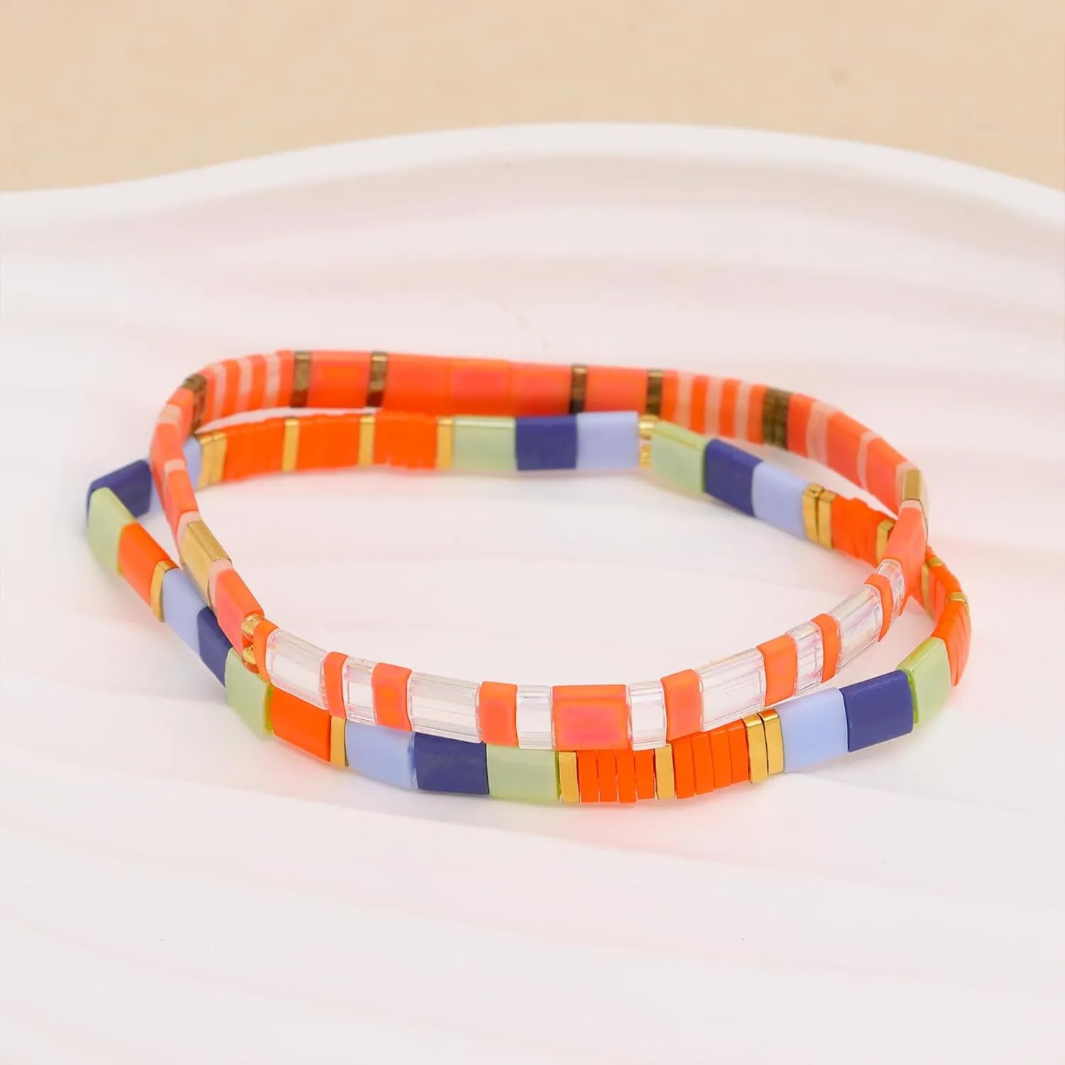 Tila Flat Beaded Bracelets Set for Women, 4Pcs Trendy Miyuki Glass Stack Beads Stretch Bracelet Outfit Accessories Jewelry Gift.