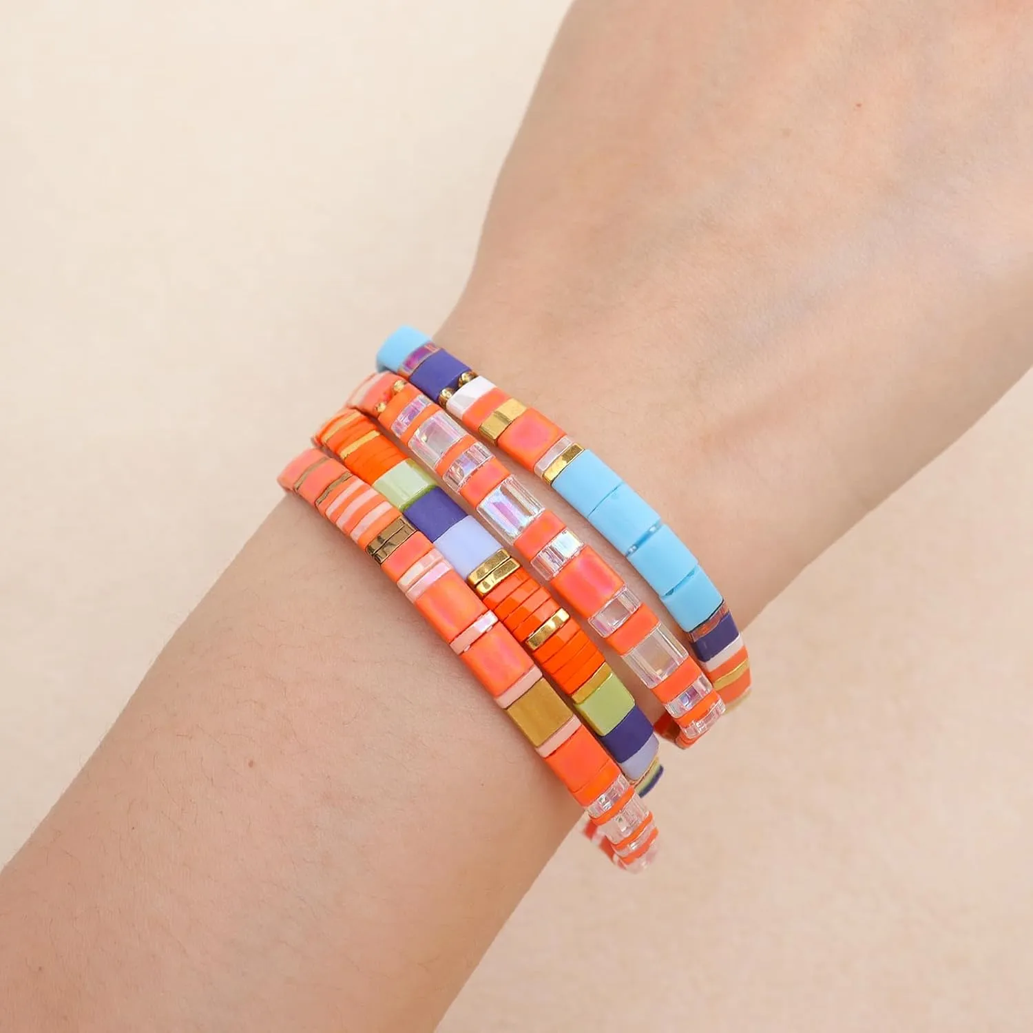 Tila Flat Beaded Bracelets Set for Women, 4Pcs Trendy Miyuki Glass Stack Beads Stretch Bracelet Outfit Accessories Jewelry Gift.