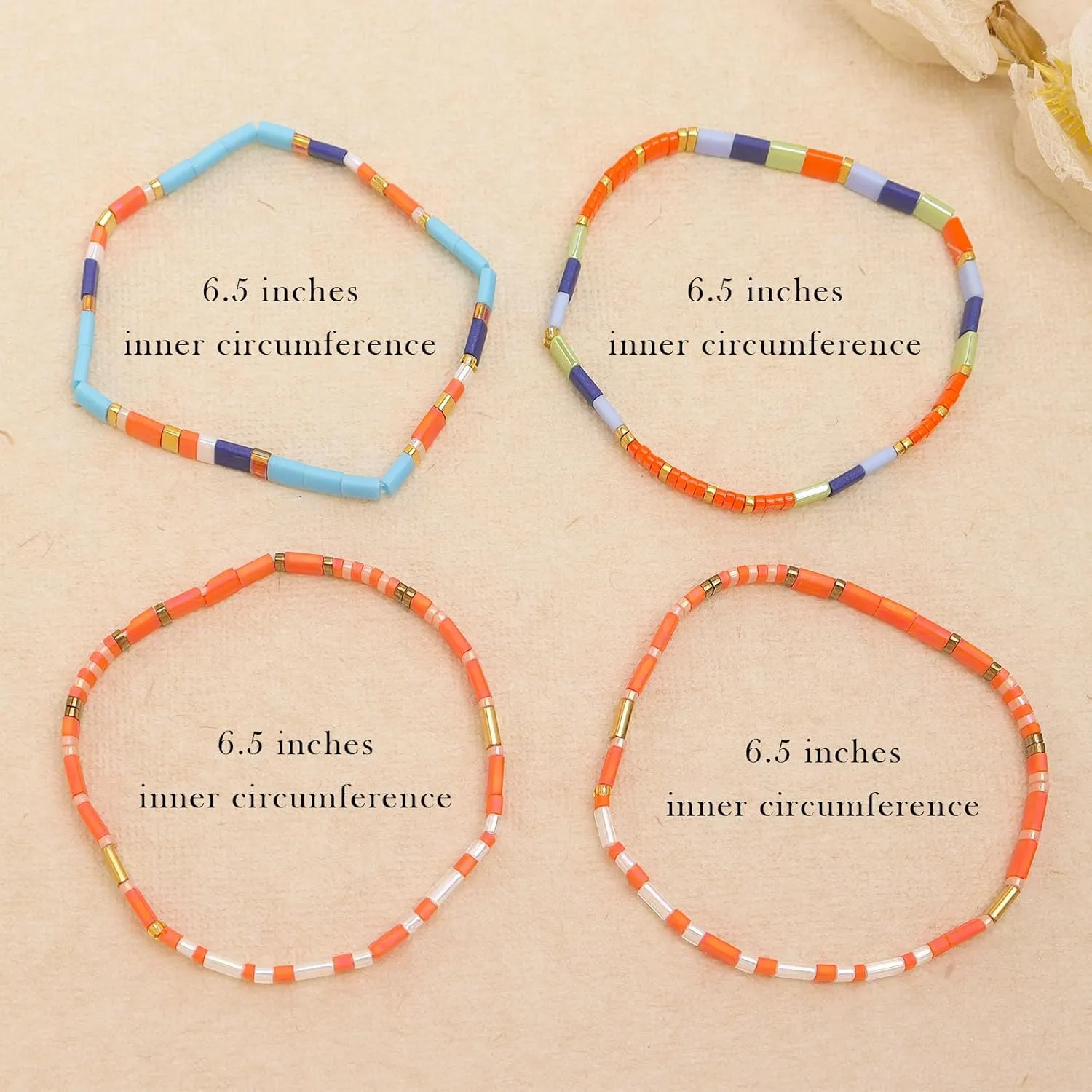 Tila Flat Beaded Bracelets Set for Women, 4Pcs Trendy Miyuki Glass Stack Beads Stretch Bracelet Outfit Accessories Jewelry Gift.