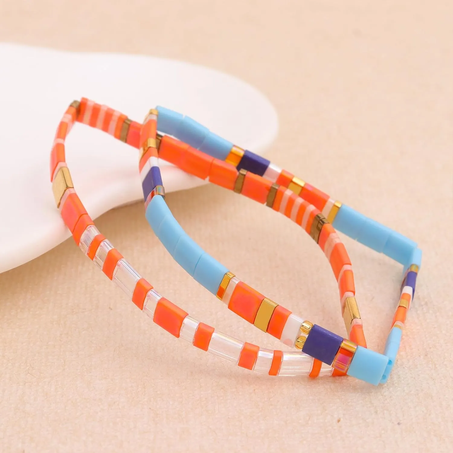 Tila Flat Beaded Bracelets Set for Women, 4Pcs Trendy Miyuki Glass Stack Beads Stretch Bracelet Outfit Accessories Jewelry Gift.
