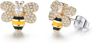 Tiny Bumblebee Stud Earrings for Women Sparkling Cubic Zirconia Crystal Cute Honeybee Cartilage Earring Statement Studs Piercing Hypoallergenic Christmas Jewelry
