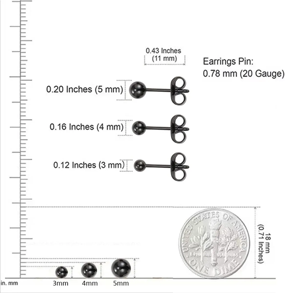 Titanium Ball Earrings Hypoallergenic Studs for Women Men Sensitive Ears Black 3mm 4mm 5mm Titanium Backs