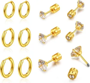 Titanium Stainless Steel Screw Back Huggie Earrings for Women Pack of Small Gold Plated Cubic Zirconia Stud Hoop Earrings Set Hypoallergenic for Sensitive Ears Cartilage Lobe Helix