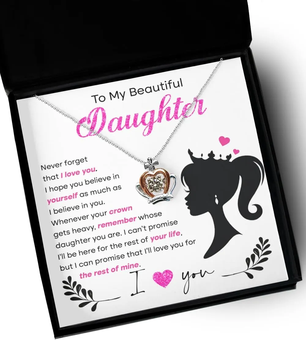 To My Daughter Crown Necklace Set 925 Sterling Silver Necklaces - Daughter Gift from Mom & Dad Pendant Chain Necklace Christmas Gift with thoughtful Massage Card Main