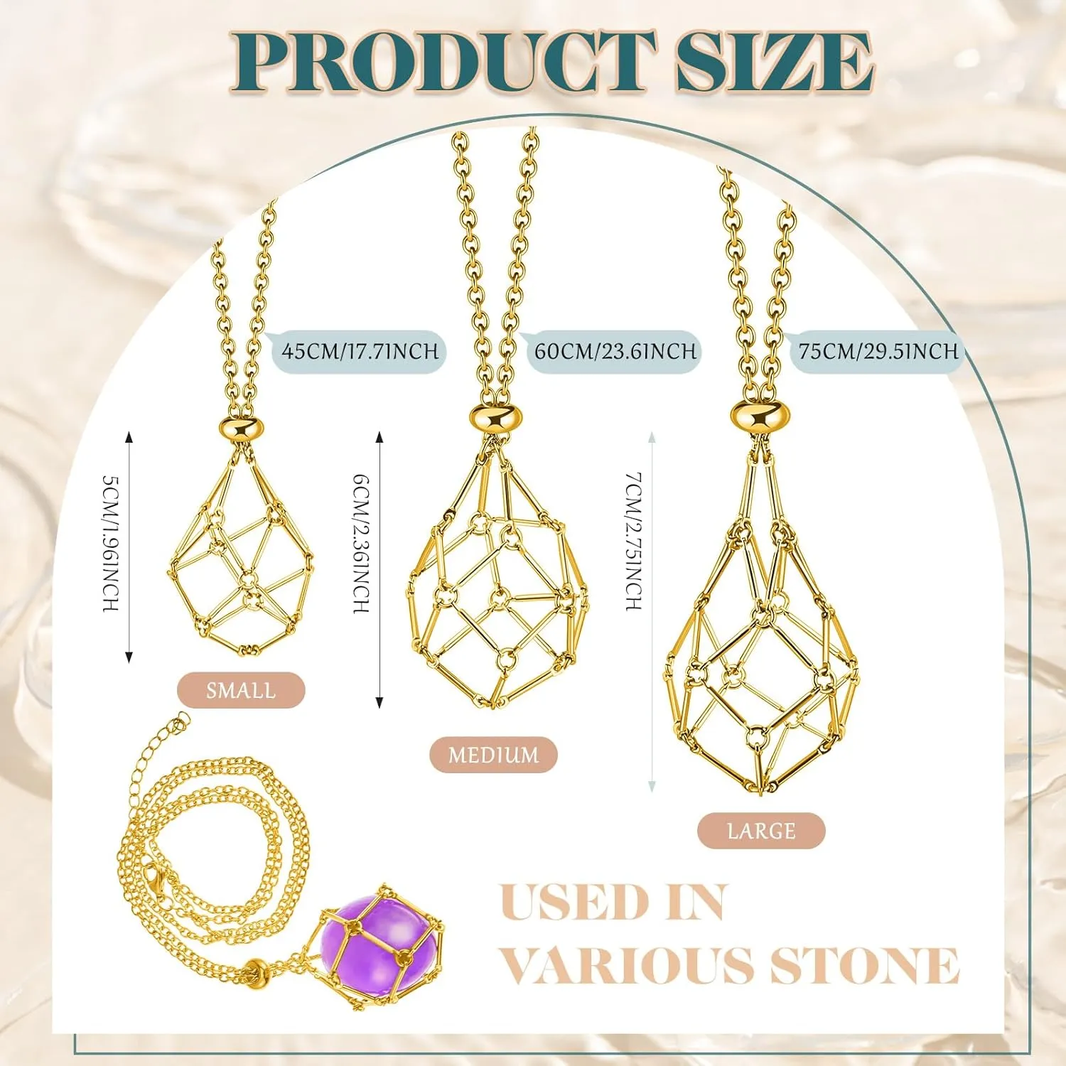 Tondiamo 3 Pcs Crystal Necklace Holder Cage Pendant Adjustable Empty Stone Holder Necklace Crystal Cage Stand for Jewelry DIY(Gold)