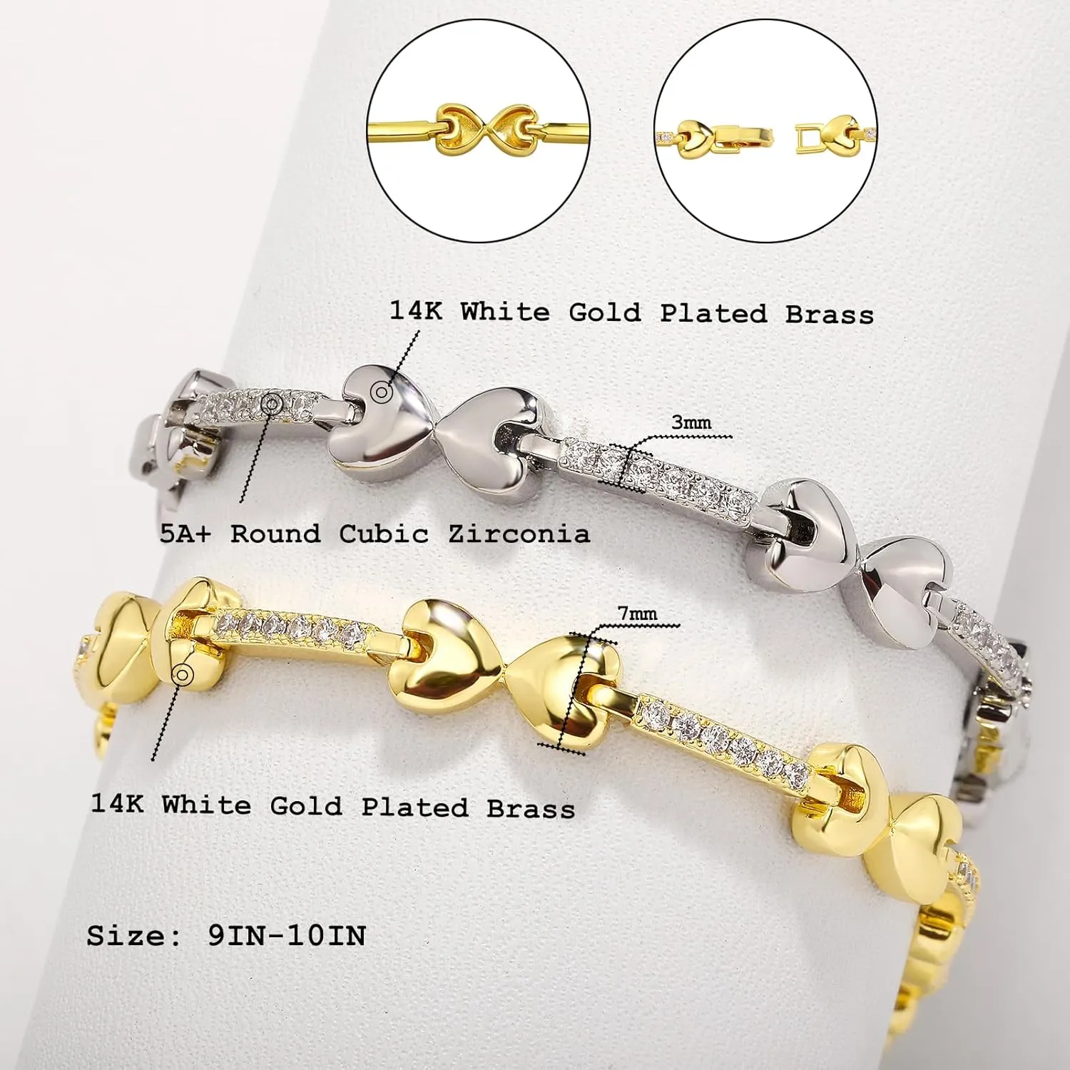 TOPGRILLZ Anklets for Women - 2 mm Heart Bows Design 14K Gold Plated 5A Cubic Zirconia Ankle Bracelets with Fold Over Clasp - Summer Beach Jewelry, 8 IN / 9 IN / 10 IN