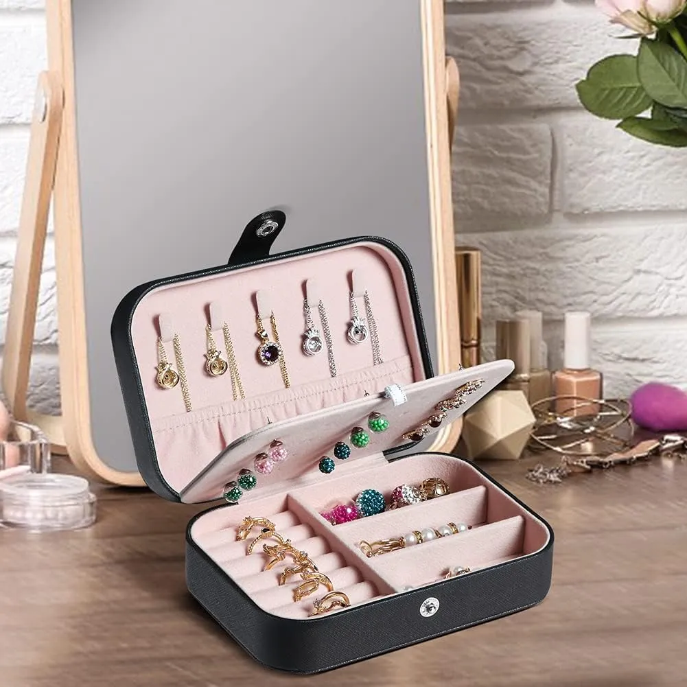 Travel Jewelry Box, PU Leather Small Jewelry Organizer for Women Girls, Portable Mini Travel Case Display Storage Holder Boxes for Stud Earrings, Rings, Necklaces, Bracelets (Black Beige)
