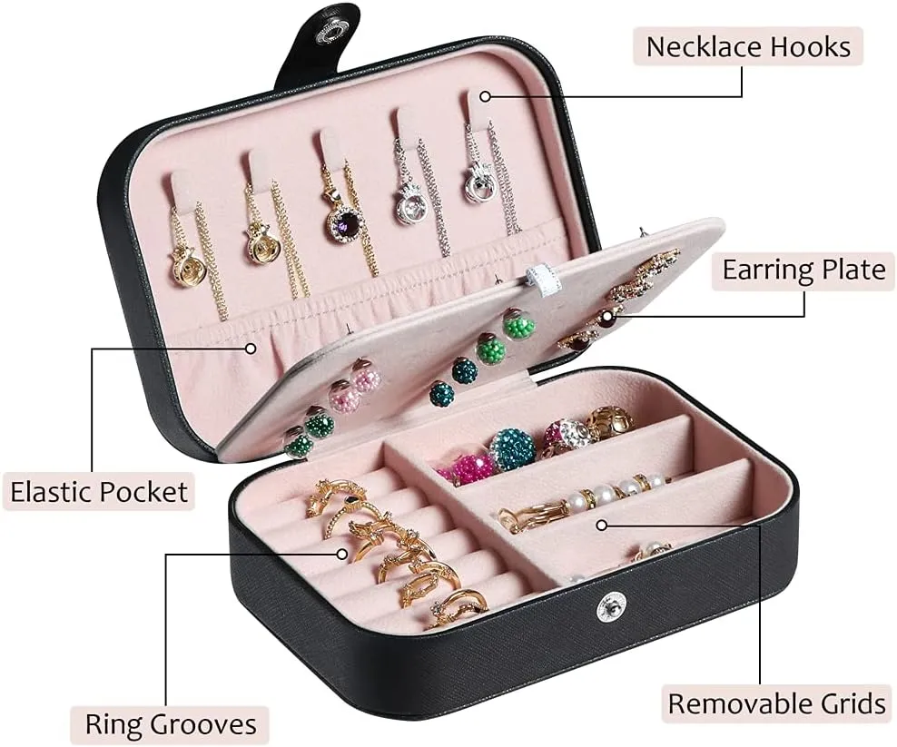 Travel Jewelry Box, PU Leather Small Jewelry Organizer for Women Girls, Portable Mini Travel Case Display Storage Holder Boxes for Stud Earrings, Rings, Necklaces, Bracelets (Black Beige)