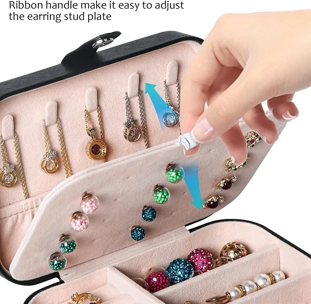 Travel Jewelry Box, PU Leather Small Jewelry Organizer for Women Girls, Portable Mini Travel Case Display Storage Holder Boxes for Stud Earrings, Rings, Necklaces, Bracelets (Black Beige)