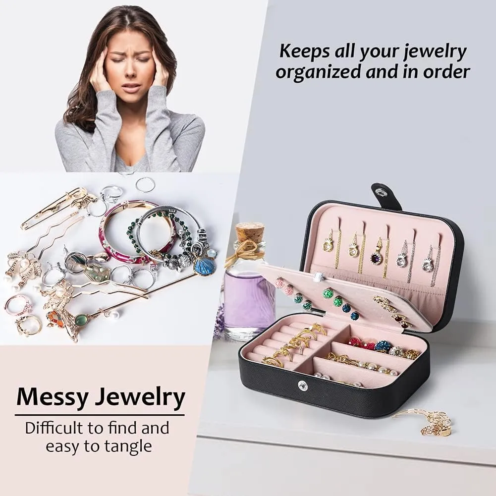 Travel Jewelry Box, PU Leather Small Jewelry Organizer for Women Girls, Portable Mini Travel Case Display Storage Holder Boxes for Stud Earrings, Rings, Necklaces, Bracelets (Black Beige)