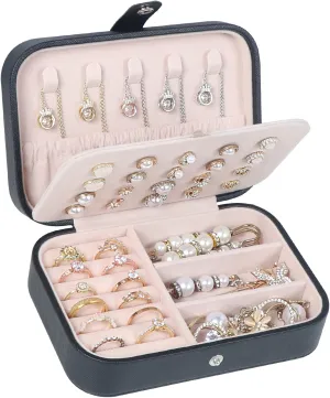 Travel Jewelry Box, PU Leather Small Jewelry Organizer for Women Girls, Portable Mini Travel Case Display Storage Holder Boxes for Stud Earrings, Rings, Necklaces, Bracelets (Black Beige)
