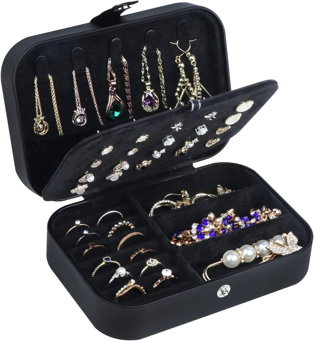 Travel Jewelry Box, PU Leather Small Jewelry Organizer for Women Girls, Portable Mini Travel Case Display Storage Holder Boxes for Stud Earrings, Rings, Necklaces, Bracelets (Black02)
