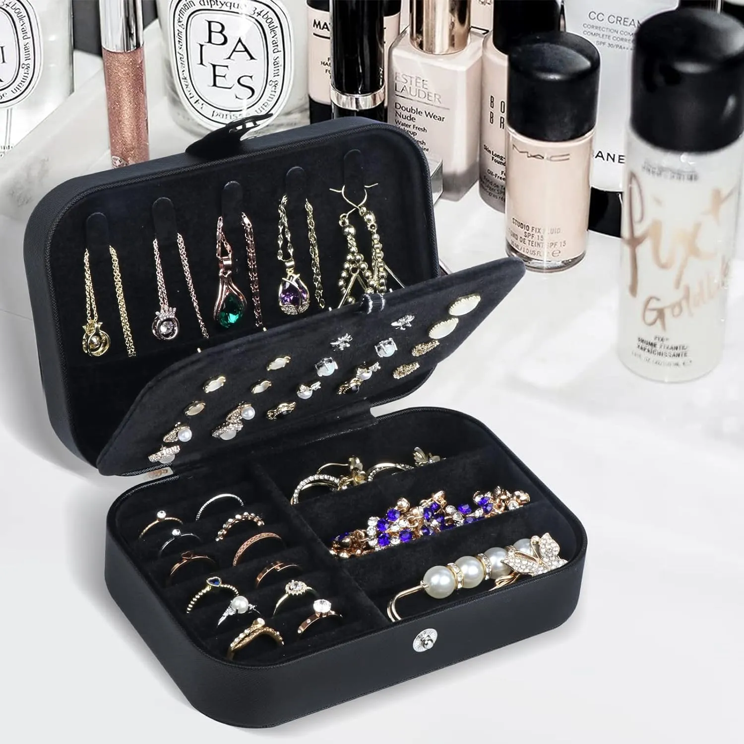 Travel Jewelry Box, PU Leather Small Jewelry Organizer for Women Girls, Portable Mini Travel Case Display Storage Holder Boxes for Stud Earrings, Rings, Necklaces, Bracelets (Black02)