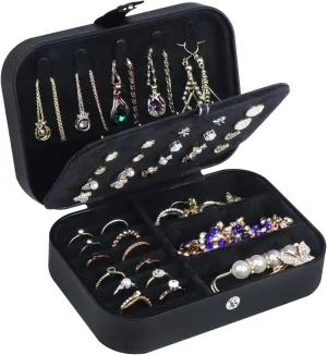 Travel Jewelry Box, PU Leather Small Jewelry Organizer for Women Girls, Portable Mini Travel Case Display Storage Holder Boxes for Stud Earrings, Rings, Necklaces, Bracelets (Black02)