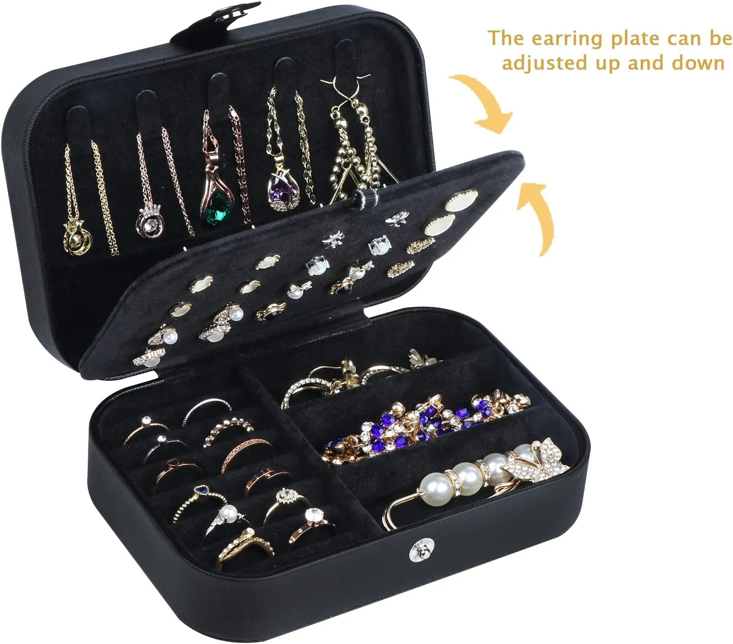 Travel Jewelry Box, PU Leather Small Jewelry Organizer for Women Girls, Portable Mini Travel Case Display Storage Holder Boxes for Stud Earrings, Rings, Necklaces, Bracelets (Black02)