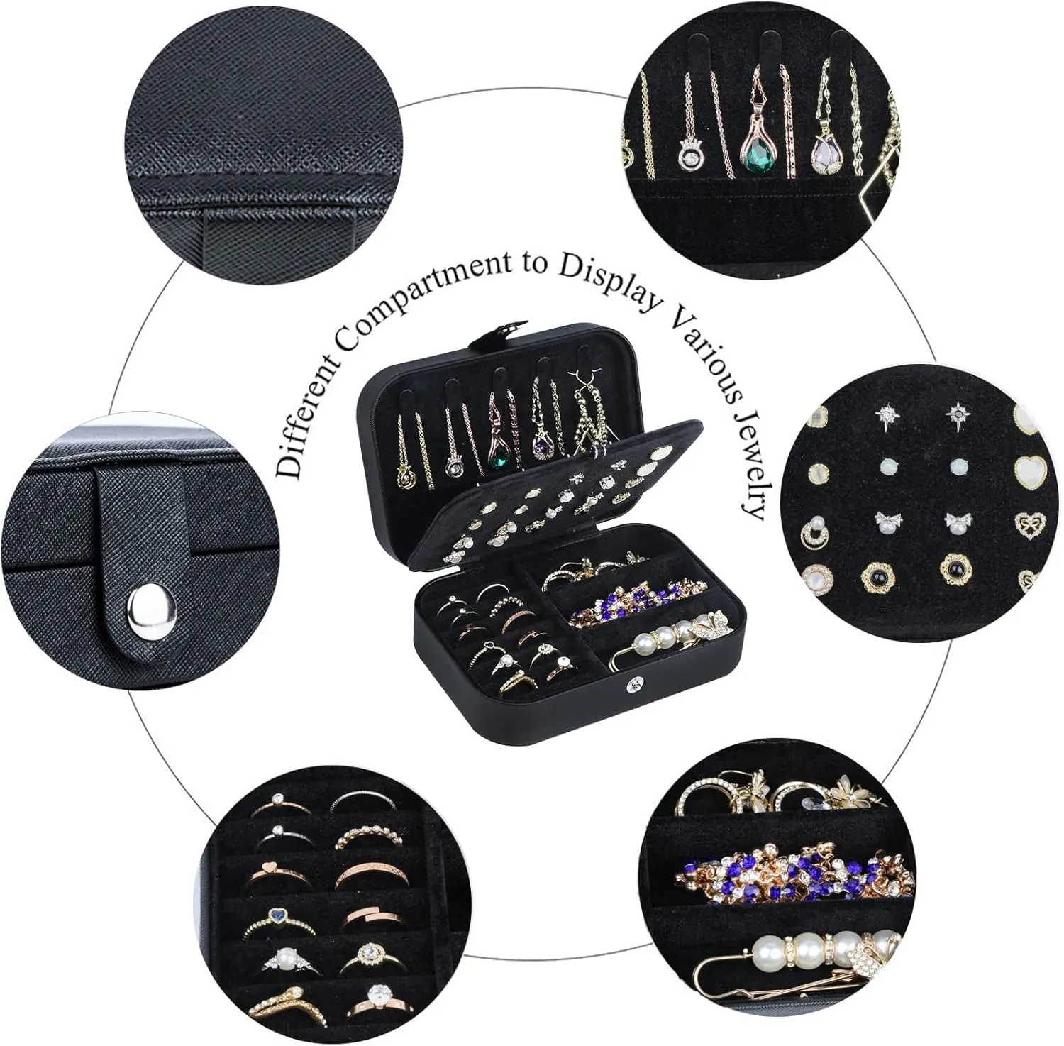Travel Jewelry Box, PU Leather Small Jewelry Organizer for Women Girls, Portable Mini Travel Case Display Storage Holder Boxes for Stud Earrings, Rings, Necklaces, Bracelets (Black02)