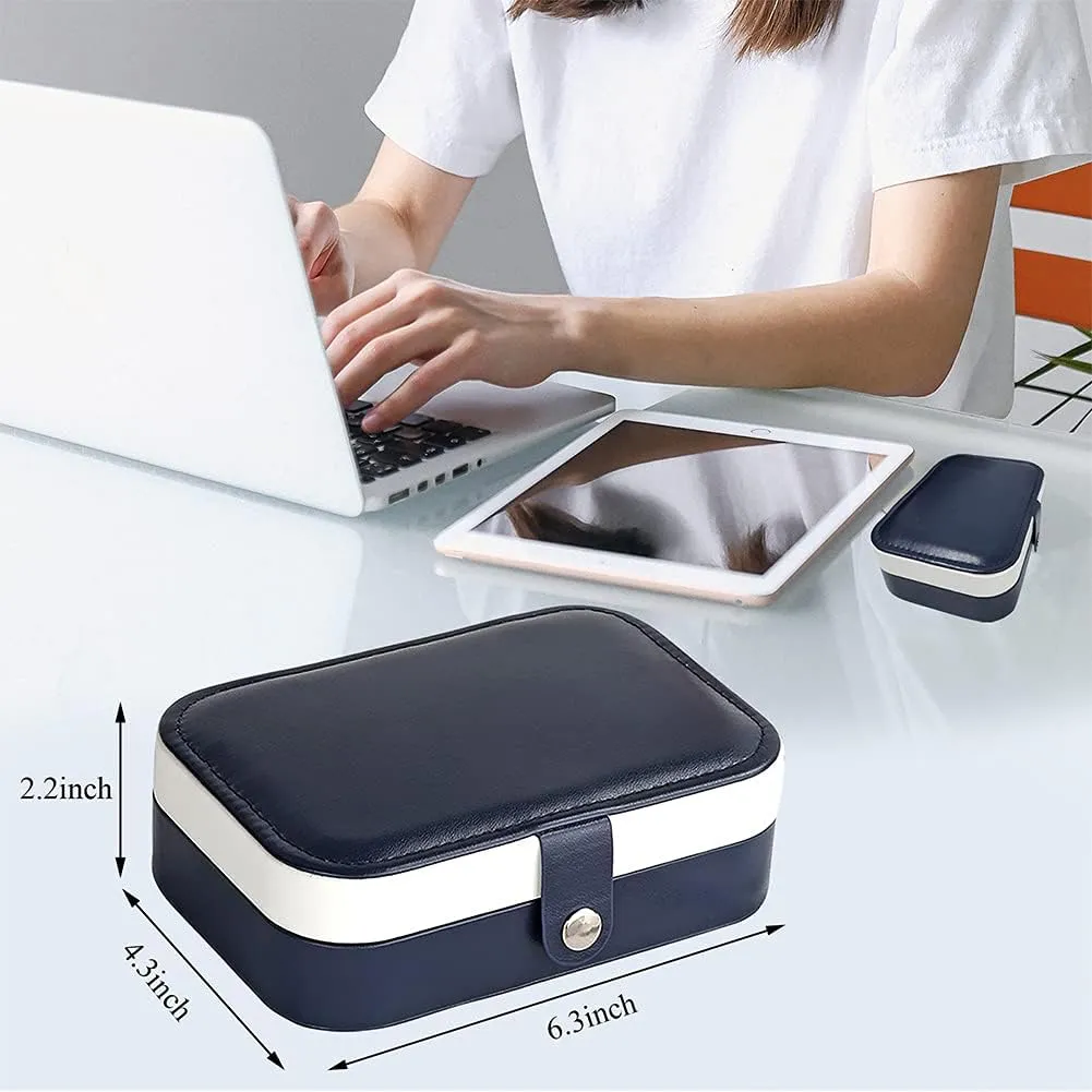 Travel Jewelry Box, PU Leather Small Jewelry Organizer for Women Girls, Portable Mini Travel Case Display Storage Holder Boxes for Stud Earrings, Rings, Necklaces, Bracelets (Blue)