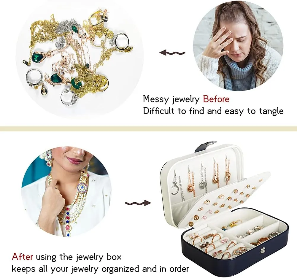 Travel Jewelry Box, PU Leather Small Jewelry Organizer for Women Girls, Portable Mini Travel Case Display Storage Holder Boxes for Stud Earrings, Rings, Necklaces, Bracelets (Blue)