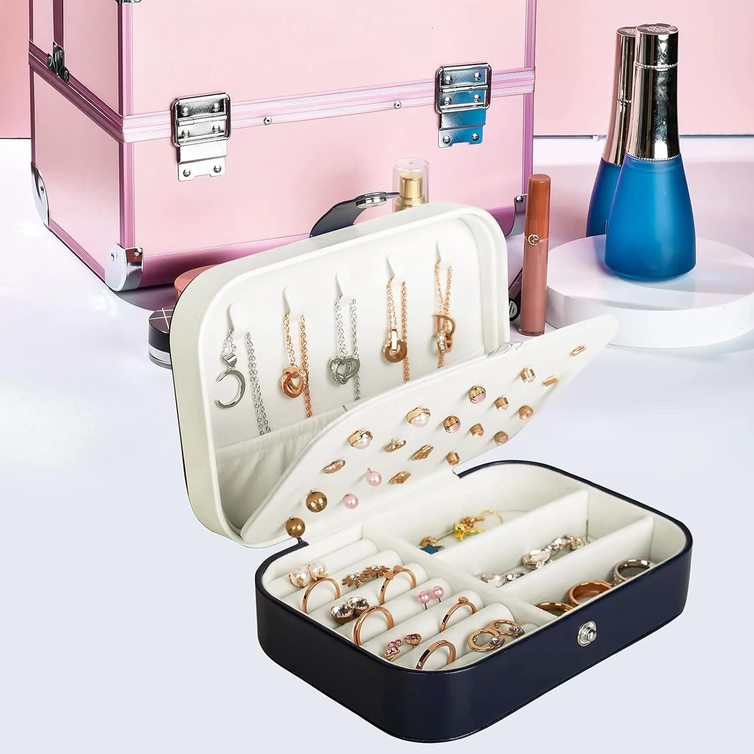 Travel Jewelry Box, PU Leather Small Jewelry Organizer for Women Girls, Portable Mini Travel Case Display Storage Holder Boxes for Stud Earrings, Rings, Necklaces, Bracelets (Blue)