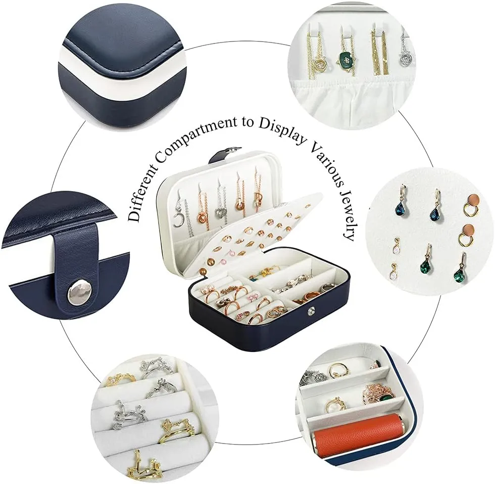 Travel Jewelry Box, PU Leather Small Jewelry Organizer for Women Girls, Portable Mini Travel Case Display Storage Holder Boxes for Stud Earrings, Rings, Necklaces, Bracelets (Blue)