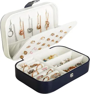 Travel Jewelry Box, PU Leather Small Jewelry Organizer for Women Girls, Portable Mini Travel Case Display Storage Holder Boxes for Stud Earrings, Rings, Necklaces, Bracelets (Blue)