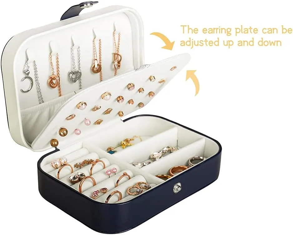 Travel Jewelry Box, PU Leather Small Jewelry Organizer for Women Girls, Portable Mini Travel Case Display Storage Holder Boxes for Stud Earrings, Rings, Necklaces, Bracelets (Blue)