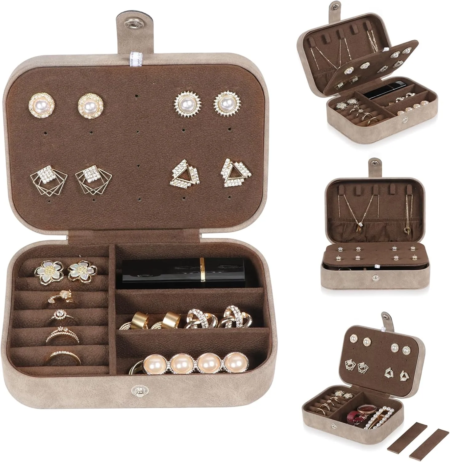 Travel Jewelry Box, PU Leather Small Jewelry Organizer for Women Girls, Portable Mini Travel Case Display Storage Holder Boxes for Stud Earrings, Rings, Necklaces, Bracelets (Brown)