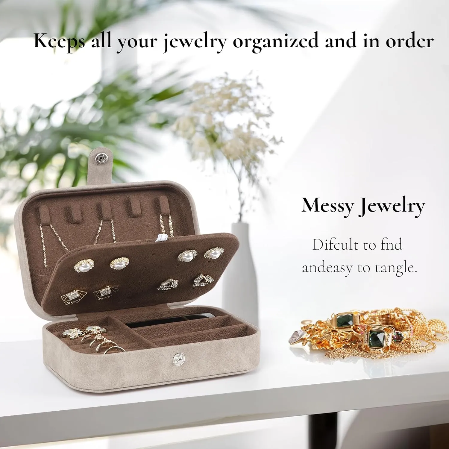 Travel Jewelry Box, PU Leather Small Jewelry Organizer for Women Girls, Portable Mini Travel Case Display Storage Holder Boxes for Stud Earrings, Rings, Necklaces, Bracelets (Brown)