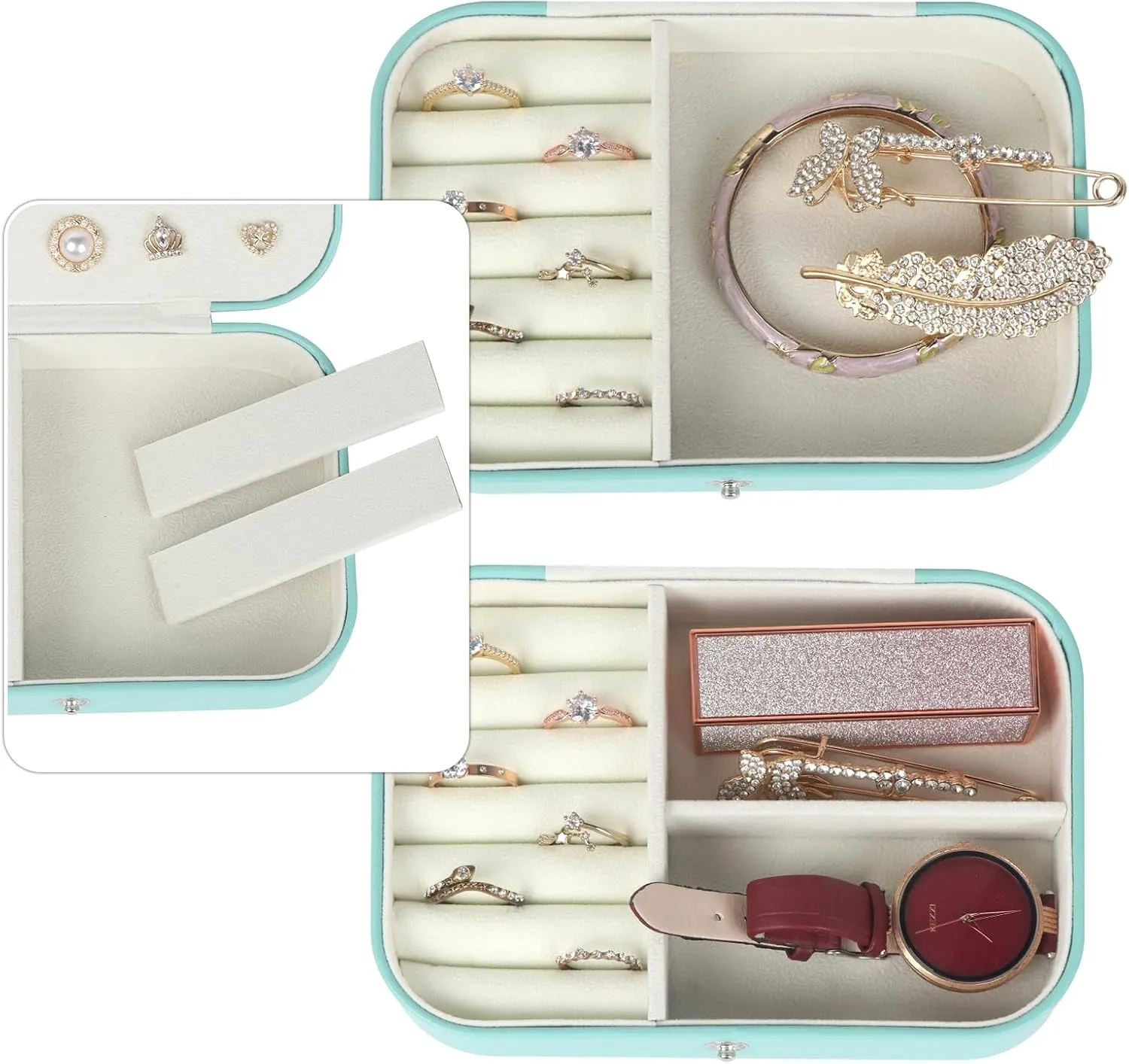 Travel Jewelry Box, PU Leather Small Jewelry Organizer for Women Girls, Portable Mini Travel Case Display Storage Holder Boxes for Stud Earrings, Rings, Necklaces, Bracelets