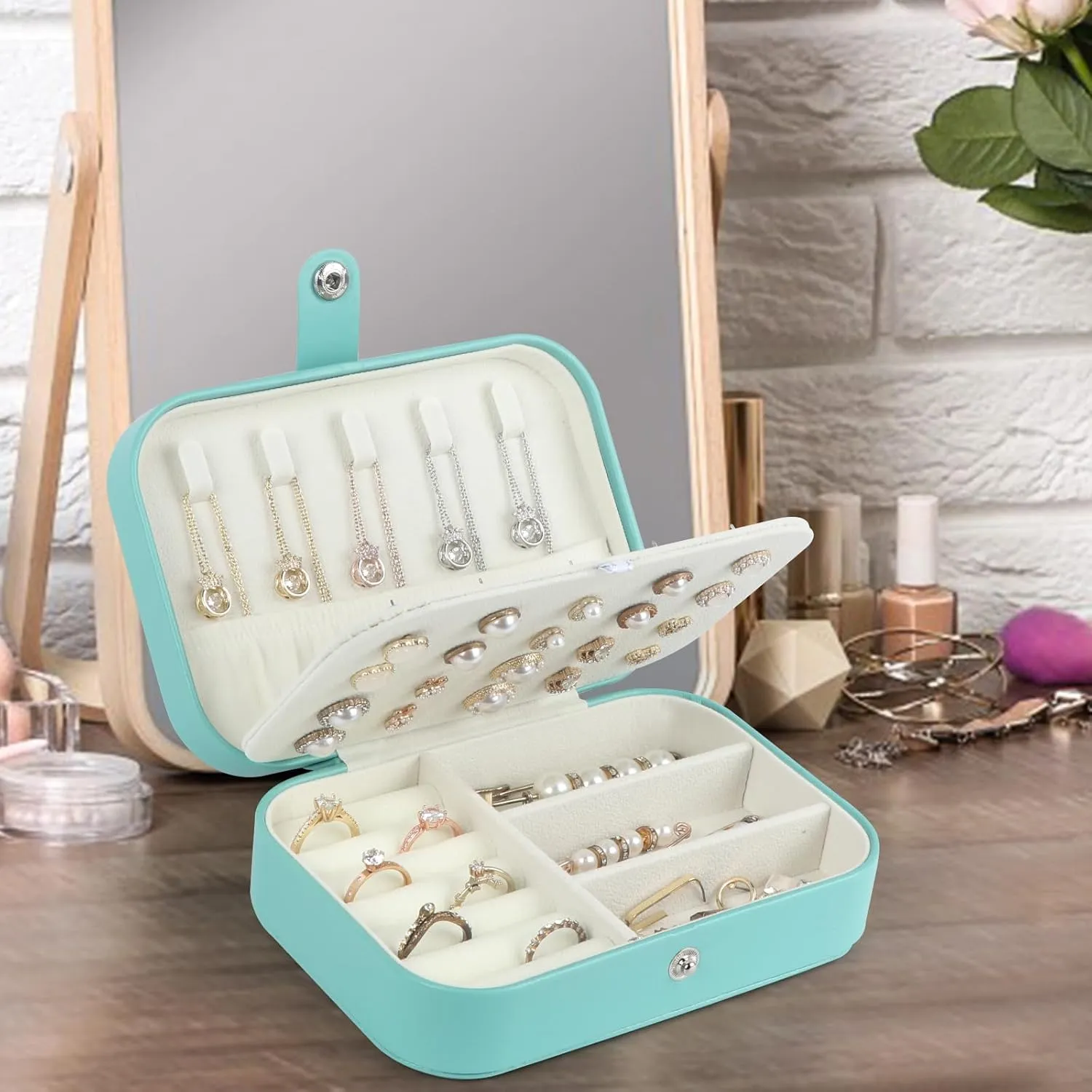 Travel Jewelry Box, PU Leather Small Jewelry Organizer for Women Girls, Portable Mini Travel Case Display Storage Holder Boxes for Stud Earrings, Rings, Necklaces, Bracelets