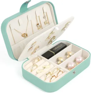 Travel Jewelry Box, Small Jewelry Organizer Boxes for Women Girls, 2 Layer Travel Jewlery Case, PU Leather Mini Portable Jewerly Storage Display Holder for Earrings, Ring, Necklaces, Bracelets - Green