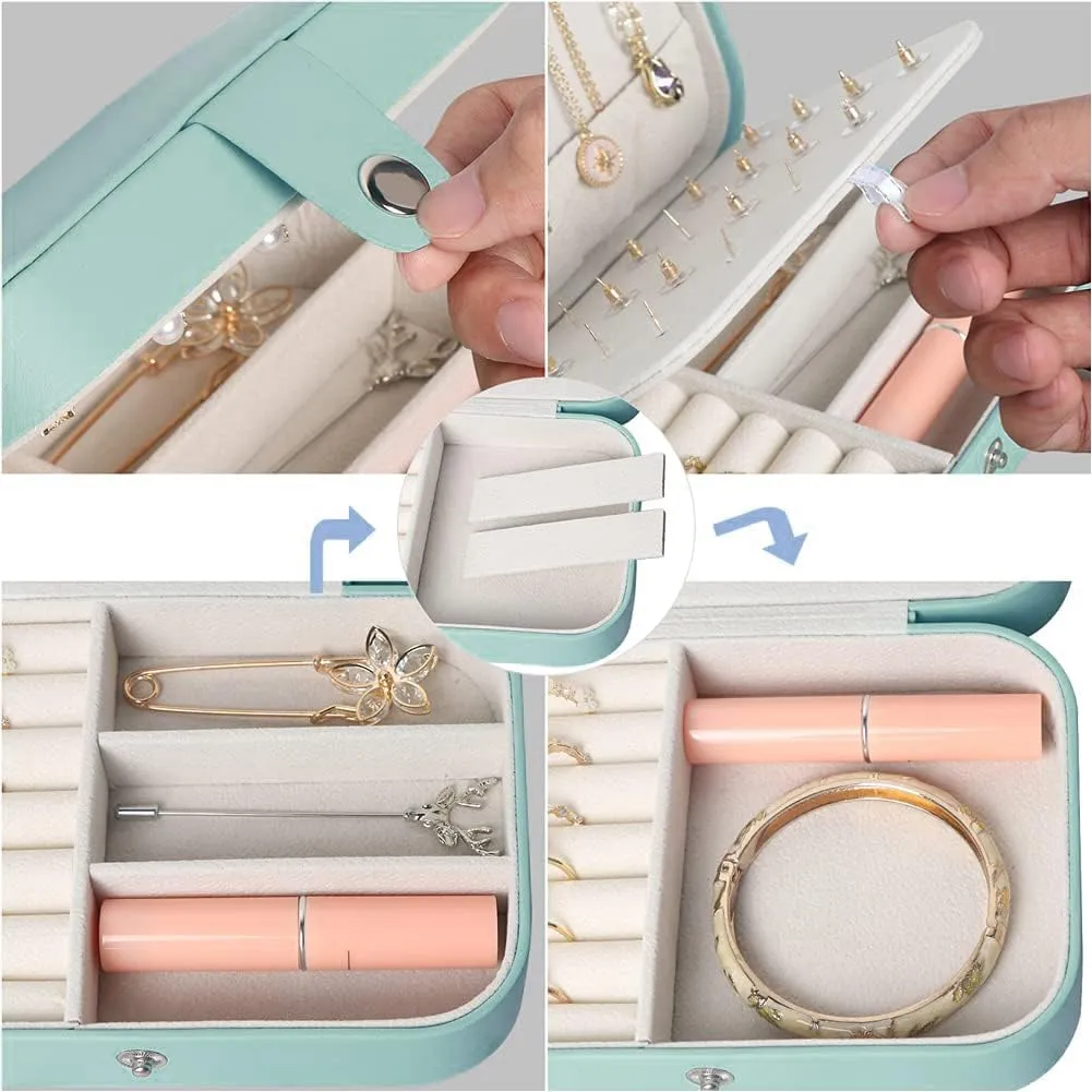 Travel Jewelry Box, Small Jewelry Organizer Boxes for Women Girls, 2 Layer Travel Jewlery Case, PU Leather Mini Portable Jewerly Storage Display Holder for Earrings, Ring, Necklaces, Bracelets - Green