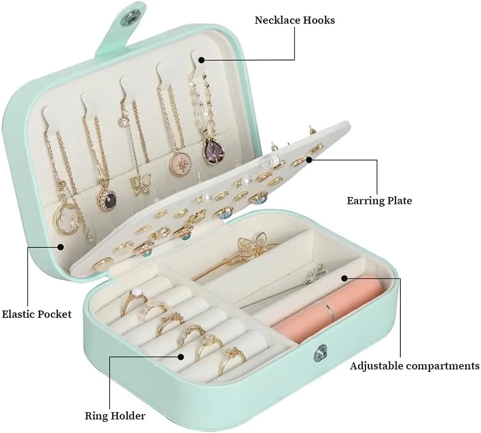 Travel Jewelry Box, Small Jewelry Organizer Boxes for Women Girls, 2 Layer Travel Jewlery Case, PU Leather Mini Portable Jewerly Storage Display Holder for Earrings, Ring, Necklaces, Bracelets - Green