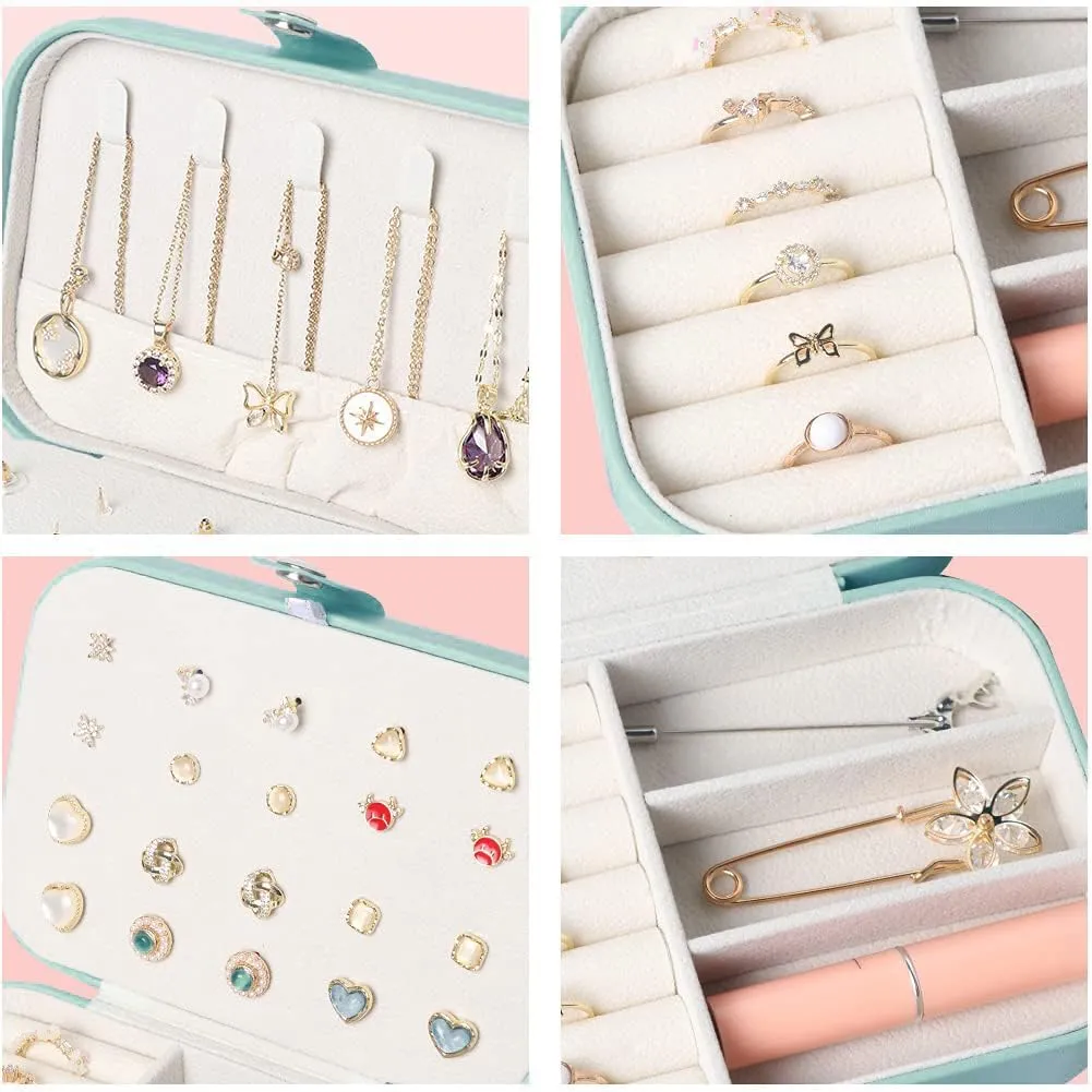 Travel Jewelry Box, Small Jewelry Organizer Boxes for Women Girls, 2 Layer Travel Jewlery Case, PU Leather Mini Portable Jewerly Storage Display Holder for Earrings, Ring, Necklaces, Bracelets - Green