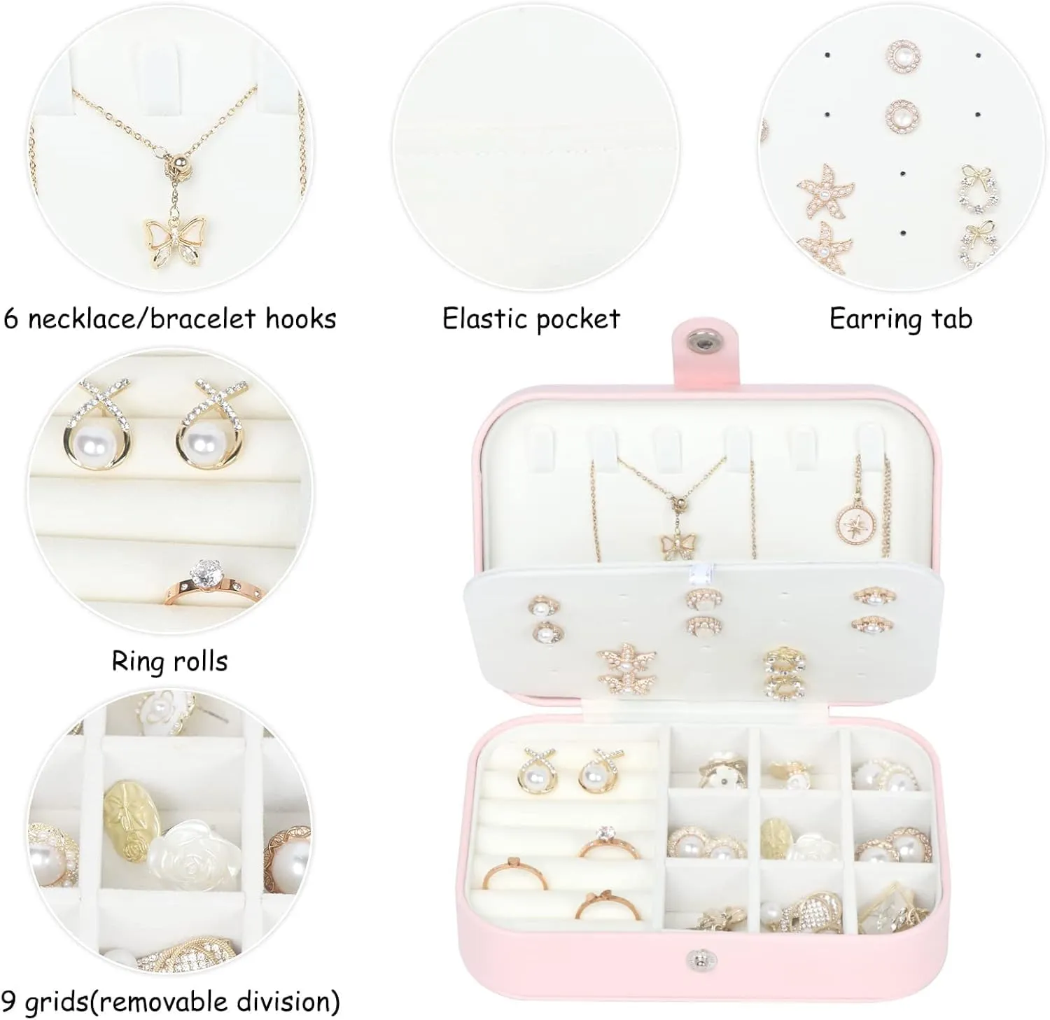 Travel Jewelry Box, Small Jewelry Organizer Boxes for Women Girls, 2 Layer Travel Jewlery Case, PU Leather Mini Portable Jewerly Storage Display Holder for Earrings, Ring, Necklaces, Bracelets(Pink 1)