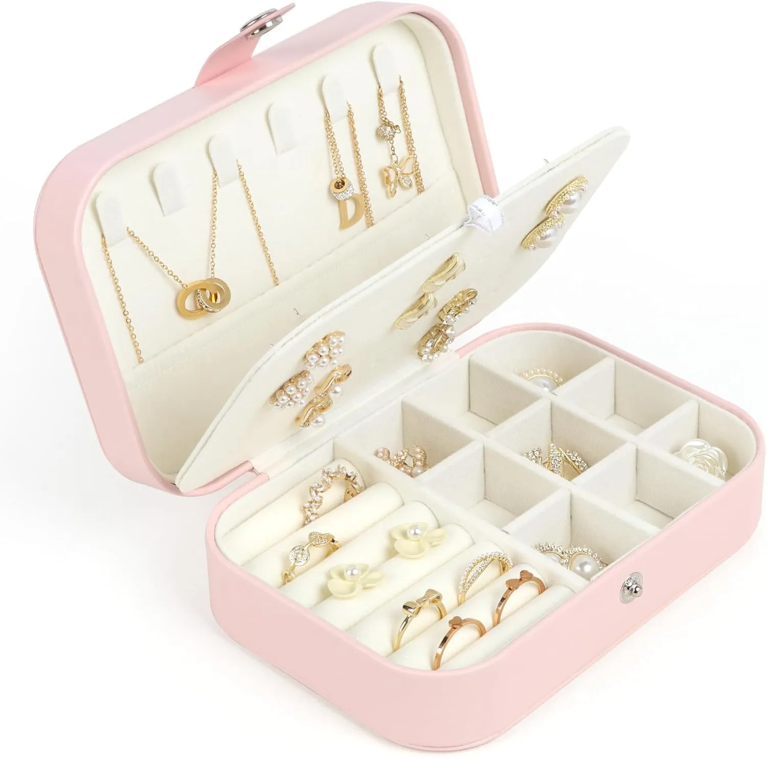 Travel Jewelry Box, Small Jewelry Organizer Boxes for Women Girls, 2 Layer Travel Jewlery Case, PU Leather Mini Portable Jewerly Storage Display Holder for Earrings, Ring, Necklaces, Bracelets(Pink 1)
