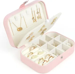Travel Jewelry Box, Small Jewelry Organizer Boxes for Women Girls, 2 Layer Travel Jewlery Case, PU Leather Mini Portable Jewerly Storage Display Holder for Earrings, Ring, Necklaces, Bracelets(Pink 1)