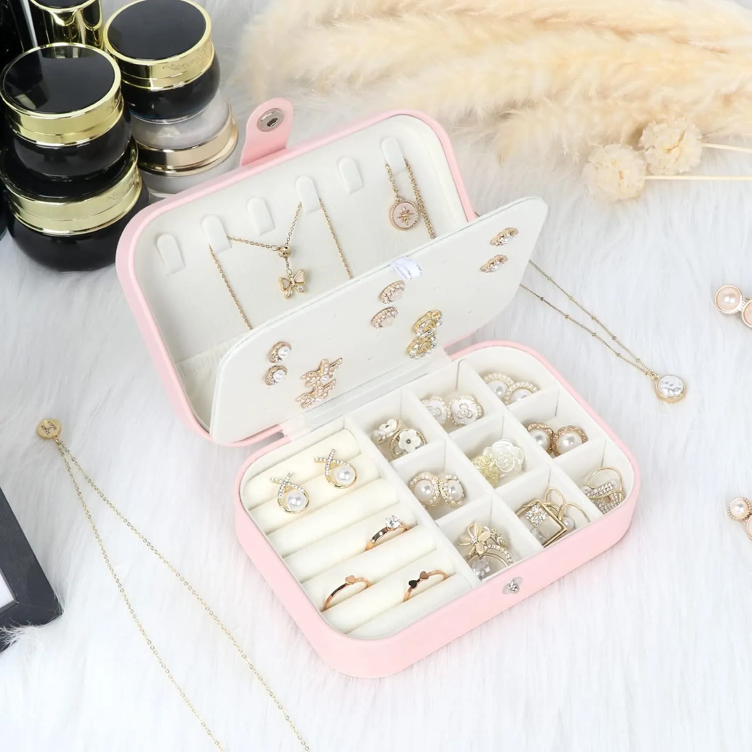 Travel Jewelry Box, Small Jewelry Organizer Boxes for Women Girls, 2 Layer Travel Jewlery Case, PU Leather Mini Portable Jewerly Storage Display Holder for Earrings, Ring, Necklaces, Bracelets(Pink 1)