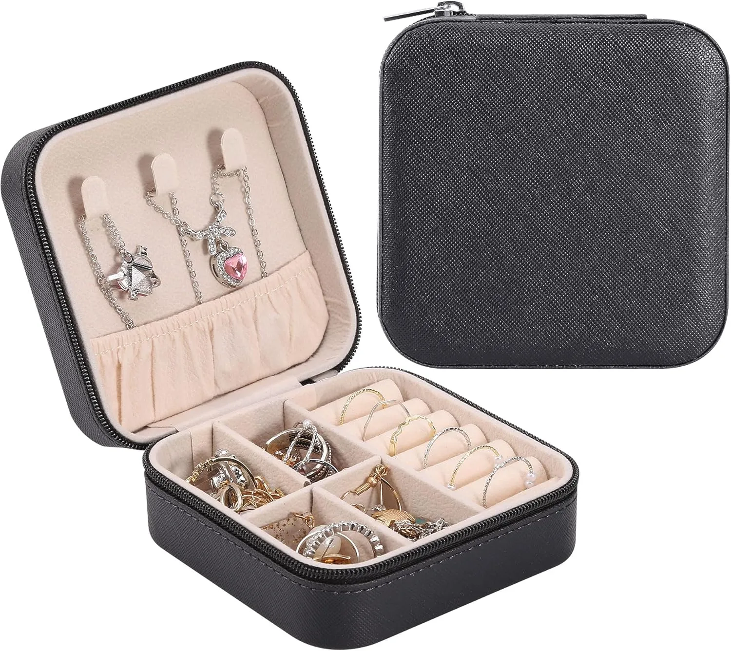 Travel Jewelry Box Small Jewelry Organizer Multi-functional Mini Travel Case Holder for Girls Women Stud Earrings, Rings, Necklaces, Pendant, Bracelets Storage, 1PC Black